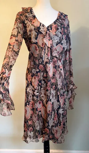 Lauren Ralph Silk Floral Ruffle Midi Dress Brown Pink boho whimsigoth 12 dainty thumbnail 1
