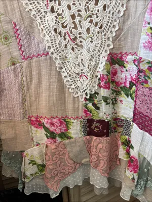 Marilu Boho Patchwork Crochet-Trim Women's Top - Beige with Pink Floral Large thumbnail 2