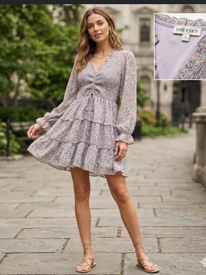 Floral Smocked Waist Tiered Long‑Sleeve Dress - Pastel Floral ladies Medium thumbnail 2
