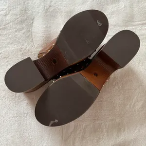 Wild Pair 3 Chunky Cappuccino Brown wooden platform clogs with gold stud details & a boho vibe thumbnail 5