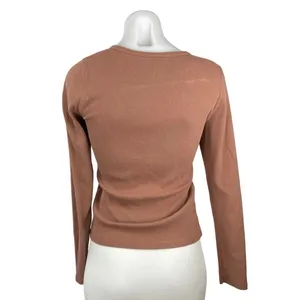 Abercrombie & Fitch Women's Brown Rib Knit Henley Long Sleeve Crop Shirt Top M thumbnail 3