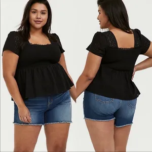 Torrid Sz 3X Black Square Neck Smocked Eyelet Peplum Top Short Sleeve thumbnail 2