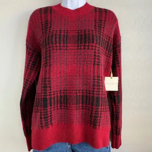 Christian‎ Siriano Red Black Plaid Crew Neck Long Sleeve Knit Sweater Beanie Set thumbnail 2