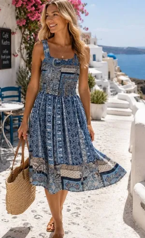 Altar'd‎ State Womens Dress Size M Blue Brown Paisley Smocked Bodice NEW thumbnail 1