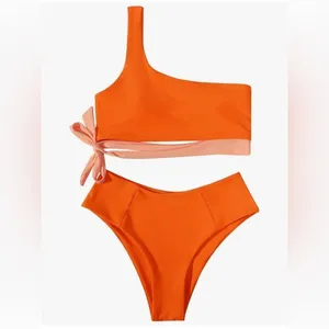 Orange and pink One-Shoulder Bikini Set side tie high waisted bikini thumbnail 4