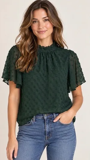 Anthropologie Feather Bone Green Swiss Dot Blouse Size 0 Sheer Flutter Sleeve thumbnail 1