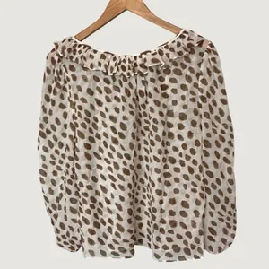 AYR Womens Ruffle Neck Abstract Animal Print Sheer Blouse Brown Cream E2047 L thumbnail 7