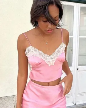 Verge Girl After Party Satin Lace Cami in Pink thumbnail 1