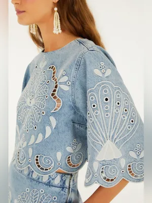 Farm Rio Denim Richelieu Kimono Sleeves Cropped Blouse M thumbnail 2