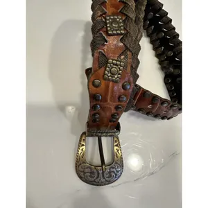 Women's Medium Leather & Brass Belt 30” Total Length Braided Fabric Western Boho thumbnail 2