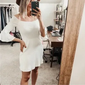 NWT NBD Seduire White Off Shoulder‎ Mini Dress Ribbed Bell Sleeve Bridal Small thumbnail 6