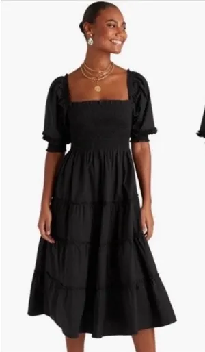 HILL HOUSE Nesli Nap Dress | Smocked Black Tiered Midi XS thumbnail 1