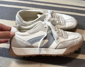 Women's White Sneakers with Light Gray Accent - Comfort Lace-Up Runners thumbnail 1