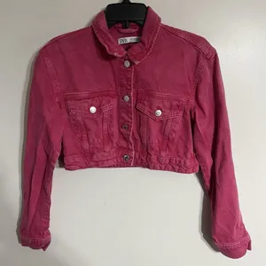 Zara Z1975 Cropped Denim‎ Jean Jacket Barbiecore Pink Size Medium thumbnail 2