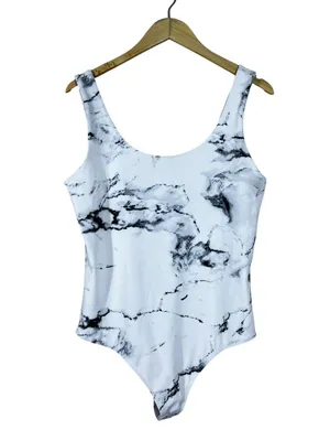 Express Body Contour Marble Print Bodysuit White Black Modern Sleek Size L thumbnail 1