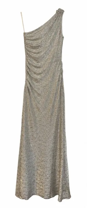 Caché Floor Length Shimmer Silver One Shoulder Evening Gown Size 2 thumbnail 1