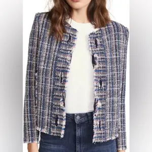 IRO Paris Multi Color Tweed Fringe Collarless Zip Pocket Jacket Blue Pink 36 4 thumbnail 10