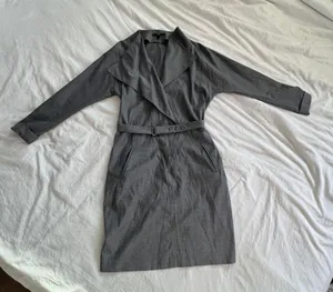Hugo Boss gray belted waterfall v neck collared trench mid length dress M thumbnail 1