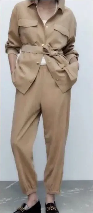 Zara High Rise Waist Jogger Pants Women's Size Small Ankle Zipper Beige Pull On‎ thumbnail 1