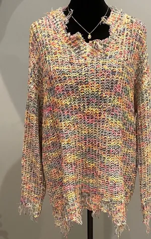 Multicolor Knit Women's Sweater ripped look pastel colors thumbnail 1