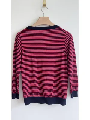 J.Crew 100% Merino Wool Striped Sweater Pink Navy Crewneck Women’s L thumbnail 6