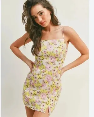 Lush Floral Print Spaghetti Strap Mini Dress Yellow/Pink size Small thumbnail 1