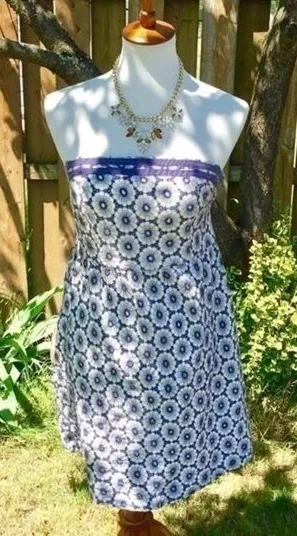 Strapless Blue Embroidered Floral Eyelet Cottage‎ Sun Dress thumbnail 1