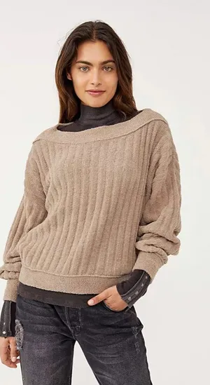 Free People Womens Sweater Gray Cabin Fever Pullover Ribbed Fleece Dolman Large thumbnail 1