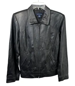 VTG‎ Ann Taylor Small Leather Jacket Black Full Zip Moto Y2K Edgy Genuine 910 thumbnail 1