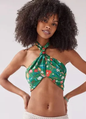 Out From Under Urban Outfitters NWT Green Botanical Floral Halter Crop Top Large thumbnail 1