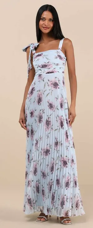 NWT Lulus Gorgeous Purpose Blue Floral Pleated Sleeveless Bow Maxi Dress Size M thumbnail 1