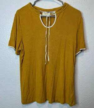 Maeve by Anthropologie What’s The Hap Golden Yellow Sweet Tie Neck Ribbed Tee L thumbnail 1