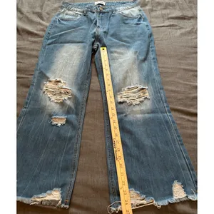 Melarey Blue Distressed Wide Leg Jeans Light Wash Frayed Hem Size L thumbnail 13