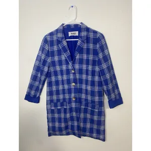 BB Dakota Steve Madden Women's Blue White Plaid Long Blazer Jacket Collared S thumbnail 12