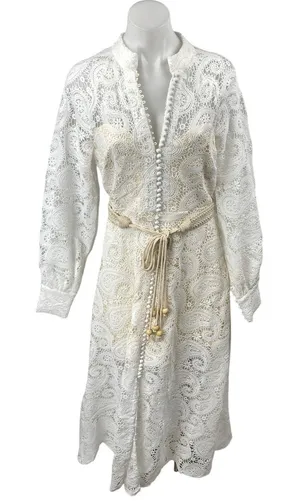 NEW L'atiste White Paisley Lace Long Sleeve Belted Midi A-Line Shirt Dress Sz M thumbnail 1