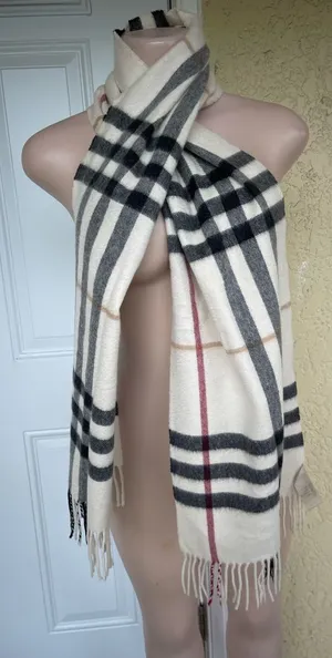 Burberry Cream Plaid Cashmere Scarf with Black and Burgundy Stripes thumbnail 1
