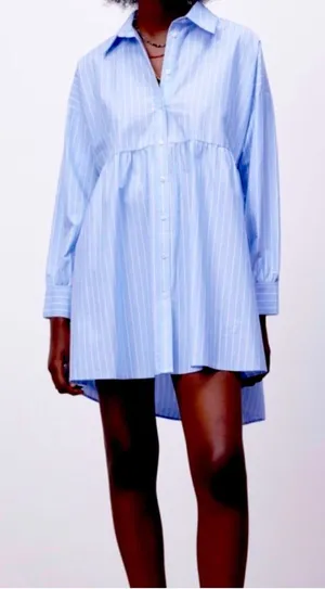 ZARA Blue Cotton Striped Long Sleeved Mini Shirt Dress S thumbnail 1