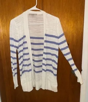 Loft Womens SM Open Front Cardigan Blue‎ White Striped Lightweight Slub Knit (C) thumbnail 1
