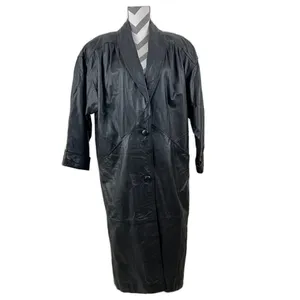 Jacqueline Ferrar Vintage 90s Black Leather Trench Coat Oversized Minimalist Long Coat - Size M thumbnail 3