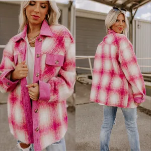 Entro Plaid Shacket Size XL Pink Corduroy Trim Button Front thumbnail 3