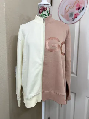 SDMOVE Two-Tone Zip Front Sweatshirt in Cream & Dusty Rose thumbnail 1