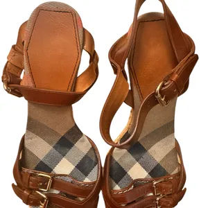 Burberry Tan Leather Check Canvas Espadrille Wedge Sandals EU 35 Italy GUC FLAW thumbnail 14