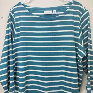 LL Bean Teal Striped Boat Neck 3/4 Sleeves Rib Knit Shirt Size XL thumbnail 3