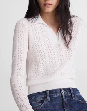 Madewell Pointelle-Stitch Polo Sweater Ivory Johnny Collar Knit Top Medium NWT thumbnail 1