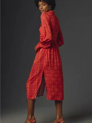 Farm Rio Midi Dress Womens Small Red Orange Long Sleeve V-Neck thumbnail 4