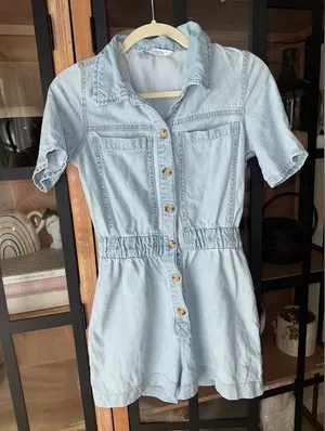Zara denim playsuit romper utility button down short sleeve light wash pockets thumbnail 1