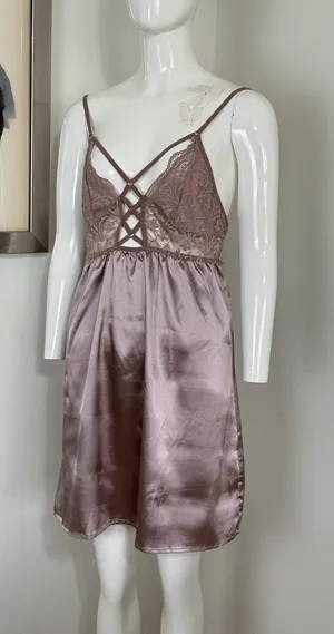 Women's Satin Chemise Nightgown Lace Lattice Strappy Slip Dress Mauve Size M thumbnail 1