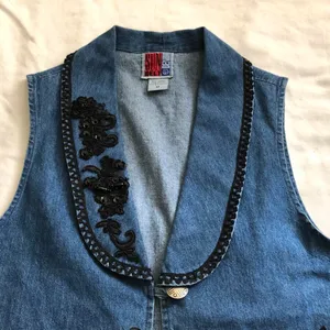 90s Vintage Embroidered navy blue jean denim vest black beading - a unique, western-inspired piece #westernvibes #countrychic #boho #indie Size M, Measurement in pics thumbnail 2