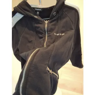 Bebe Short Zip Up Hoodie Y2K Style Womens L Black White Stripe Rhinestone Logo thumbnail 7