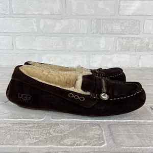UGG Ansley Moccasin Slippers Womens 10 Brown Suede Shearling Fur Lined Zip Charm thumbnail 3